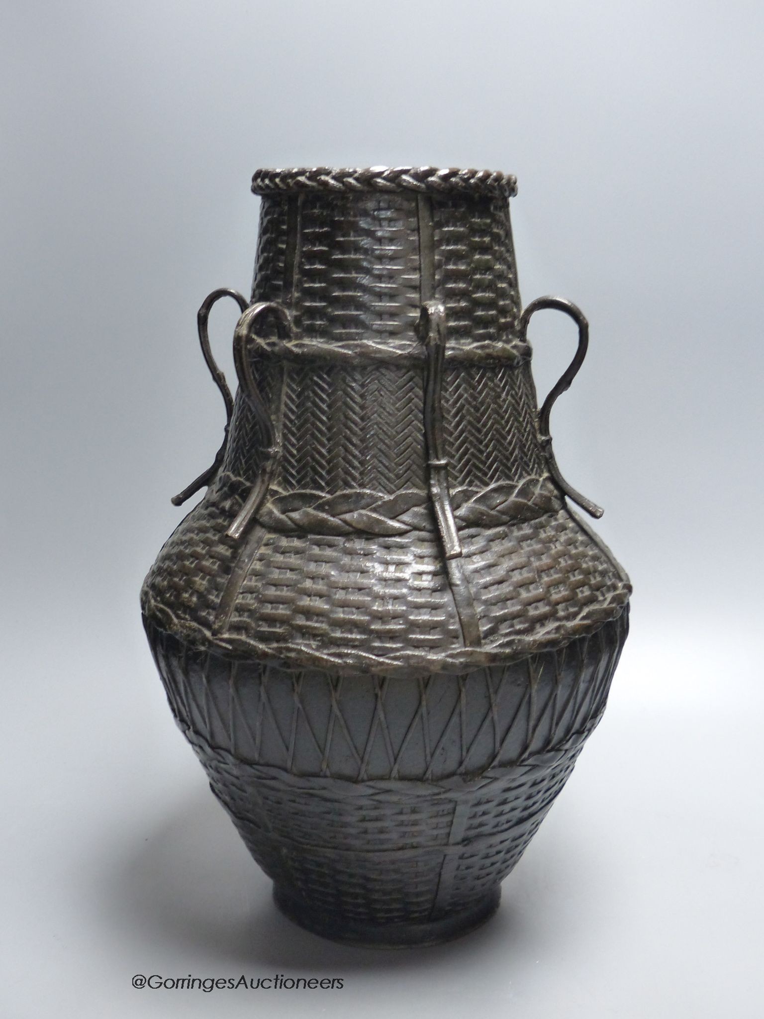 A large Japanese bronze basket effect ikebana vase, Meiji period 36cm